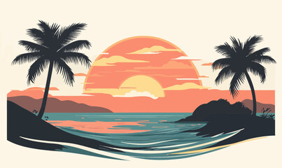 Obraz premium Tropical Beach Sunset with Palm Trees and Gentle Waves in Flat Minimalist Vector Art