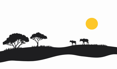 Wild African Savanna Silhouette with Animals and Trees Under Sun - Minimalist Vector