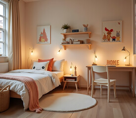 Stilvolles Kinderzimmer mit Bett, Schreibtisch und Deko - KI generiert

