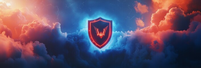 Glowing Shield Emblem in Dramatic Cloudscape Fantasy Art Digital Artwork