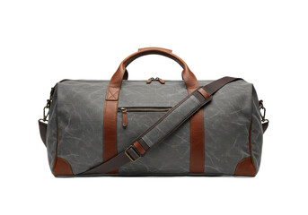 Gray travel duffle bag with brown straps and leather accents, isolated on white background