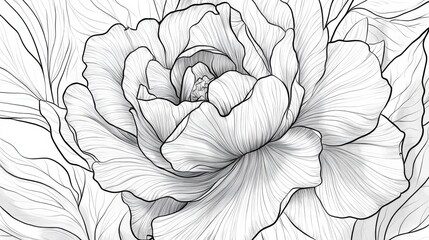 A detailed line drawing of a blooming rose, showcasing its layered petals and natural curves, ideal for botanical, romantic, and decorative themes.