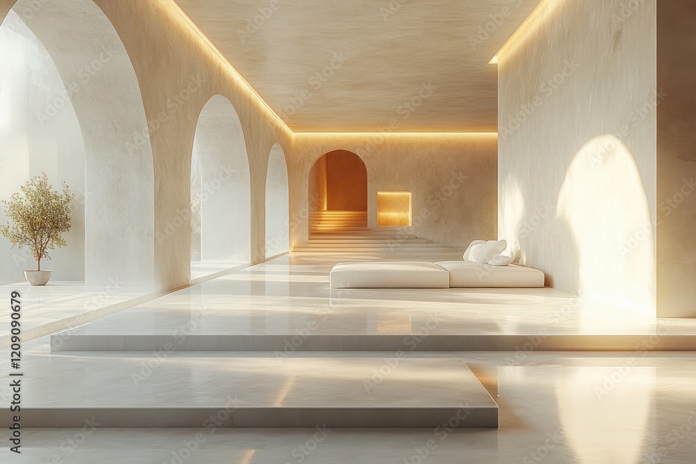 Poster minimalist architectural space with geometric white forms and soft ambient light