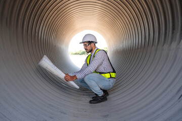Mechanical engineer wearing safety uniform checking and inspection pipeline system.