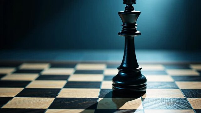 Dramatic chess king movement on checkered board with cinematic lighting