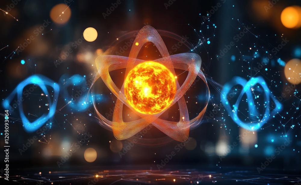 Poster vibrant atom structure in sci-fi style with orange core and blue orbits