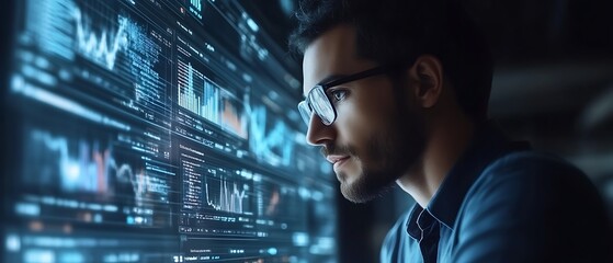 Man analyzing data on a large screen.