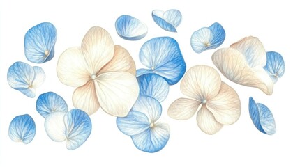 A delicate arrangement of blue and white hydrangea petals scattered artistically on a clean background