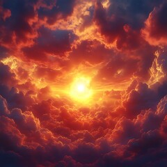 Fototapeta premium Fiery sunset with sun breaking through dramatic clouds.