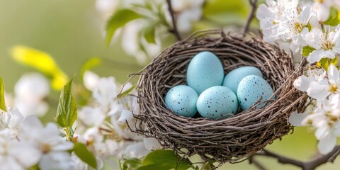 Fototapeta premium A birds nest with easter eggs nestled among blossoming branches