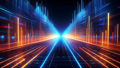 Fototapeta premium A vibrant digital landscape featuring glowing lines and beams, creating a sense of depth and movement in a futuristic setting.