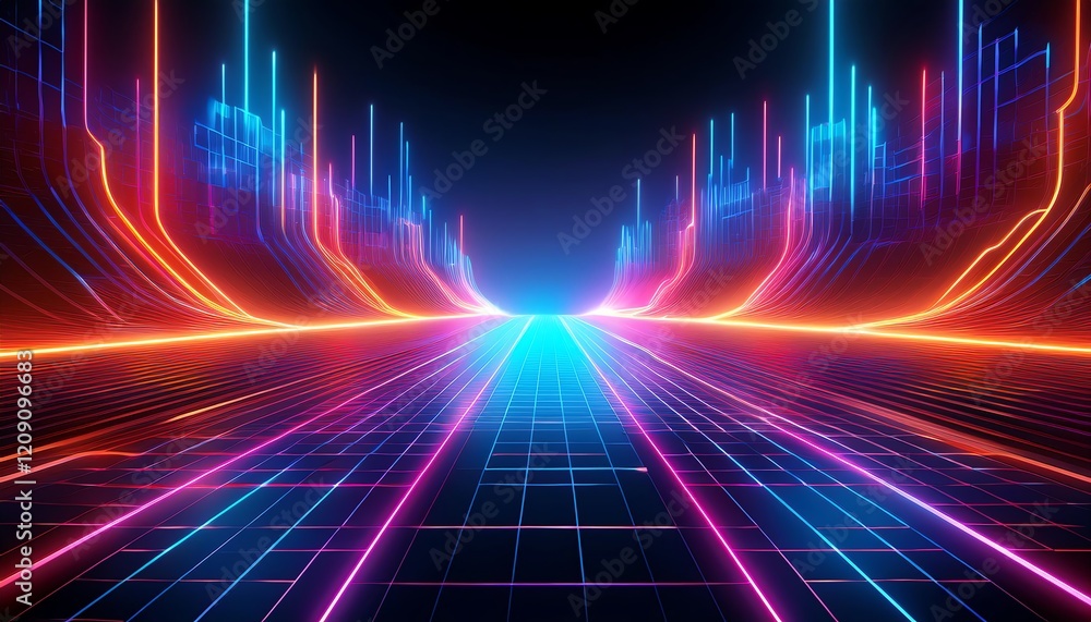 Poster a vibrant, futuristic landscape featuring glowing neon lines and grids, creating a dynamic sense of 