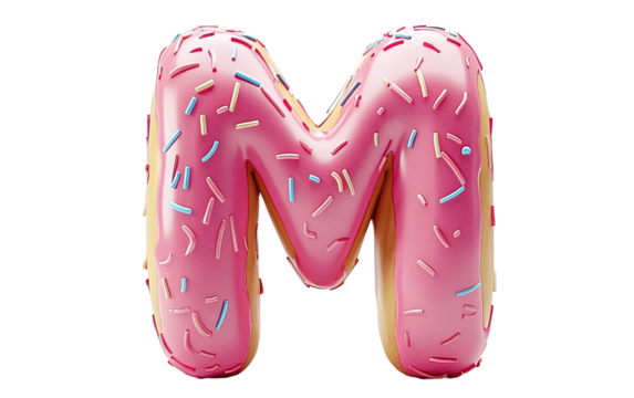 Letter M donut alphabet on transparent or white background