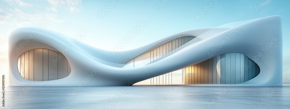 Poster minimalist white curved architecture design with smooth lines and soft natural lighting