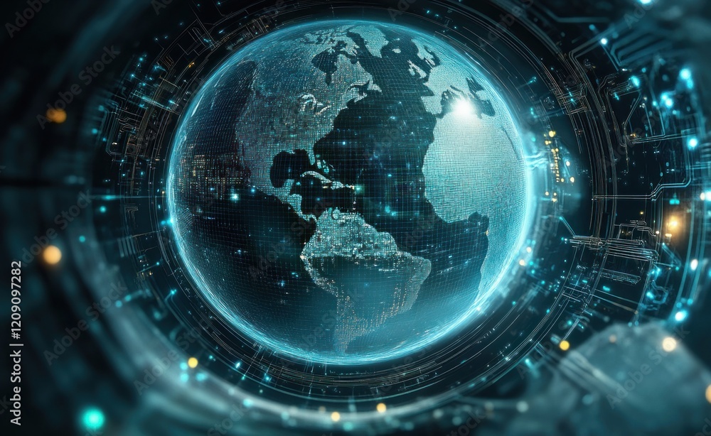 Poster futuristic cybernetic eye view of earth with digital information network and neon circuit patterns