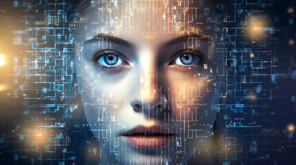 futuristic portrait of a woman with her face overlaid by intricate digital patterns and glowing circuit-like elements.  conveys a blend of human and technology, symbolizing the intersection of both.