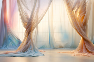 Soft, translucent curtains in pastel hues dance gently in the light of a warm window, creating an ethereal and serene atmosphere of elegance and tranquility.