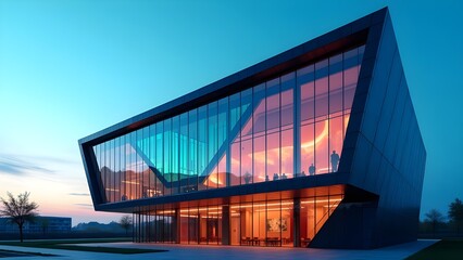 A futuristic minimalist building with a bold glass facade reflecting bright colors