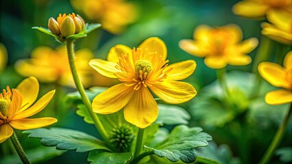 Close-up of vibrant celandine, a medicinal herb with bright yellow wildflowers.