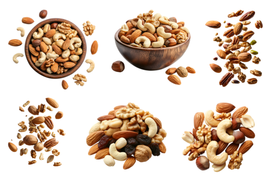 Mixed Mix of nuts, dry dried fruits, seed, pile, heap, wooden bowl, drop flying isolated on transparent cutout, PNG. Mockup template for design. almonds, walnuts, hazelnuts, pistachio, cashew, pecans	