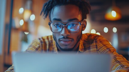 African American young man with glasses intently engages with his laptop in a warm cafe filled with ambient lighting. The atmosphere is inviting and conducive to studying.