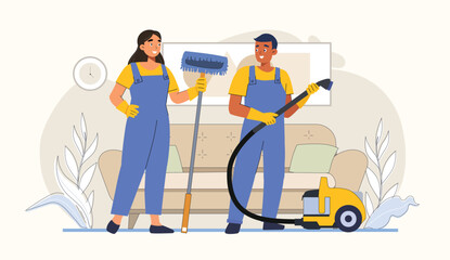 Housekeeping service illustration with a variety of cleaning tools and equipment.