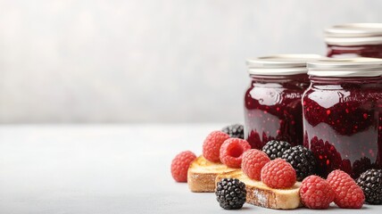Organic products from sustainable agriculture Concept. Jars of jam with fresh berries and toast slices.