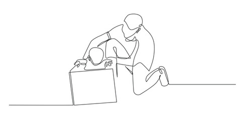 continuous line of father playing with child.one line drawing of father putting child in cardboard and pushing him.single line vector illustration.isolated white background