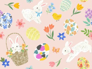 Hand-drawn seamless pattern for Easter. Wallpaper with Easter eggs, bunnies, chicks, and flowers.