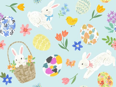 Hand-drawn seamless pattern for Easter. Wallpaper with Easter eggs, bunnies, chicks, and flowers.