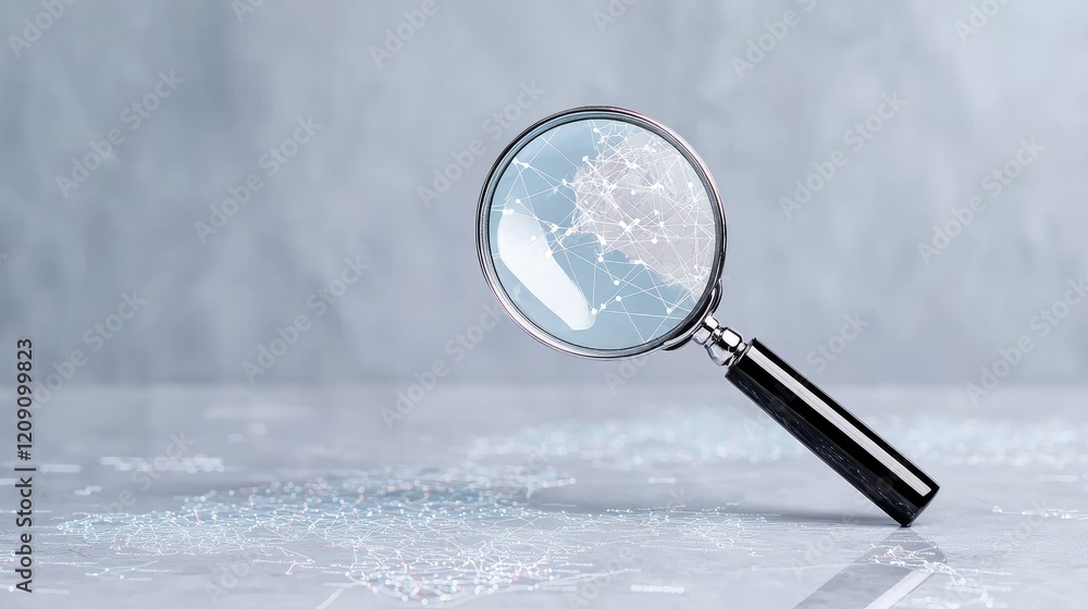 Poster magnifying glass examining network connections on a reflective surface; concept for investigation or