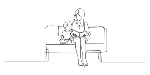 continuous line of a mother reading a story book to her child.one line drawing of mother and child sitting on a sofa reading a story book.single line vector illustration.isolated white background