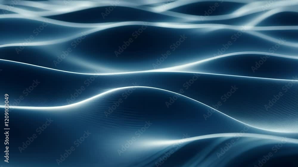 Poster elegant flow of abstract blue waves with soft light ripples creating a serene fluid motion