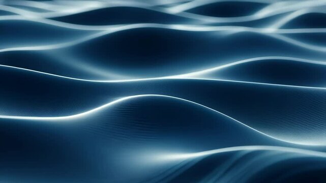 Elegant flow of abstract blue waves with soft light ripples creating a serene fluid motion