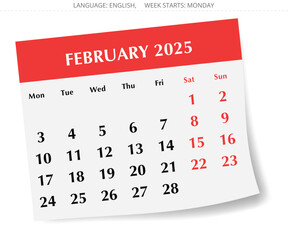 2025 february English calendar. A vector illustration of monthly paper page with shadow. Design Monday start