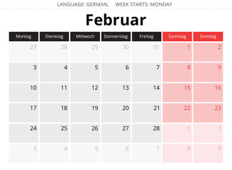 German calendar for february 2025. Vector illustration of a winter month for Germany - februar