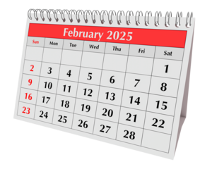February 2025 calendar. Page of the annual business desk month winter calendar isolated on transparent png