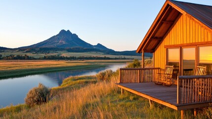 Sunrise view of river cabin, mountain backdrop; peaceful getaway