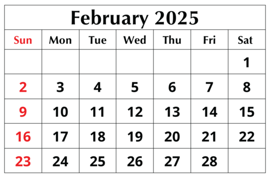 February 2025 ENGLISH winter month calendar. png transparent printable illustration. Monthly