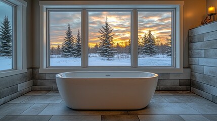 Fototapeta premium Freestanding tub, sunset view, snowy landscape, winter home spa