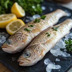 Fresh fish on ice, lemon, herbs, kitchen setting