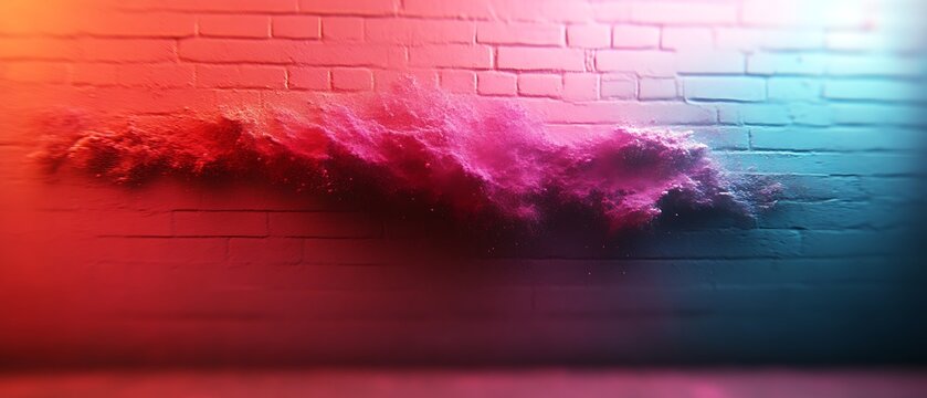 Abstract red and blue smoke cloud against a brick wall. - Powered by Adobe