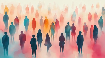 Diverse Crowd in Soft Pastel Watercolor Illustration