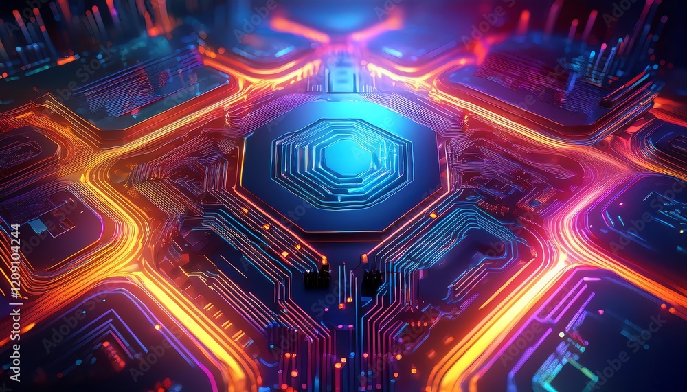 Poster a vibrant, futuristic circuit board with glowing pathways and a central hexagonal chip, representing