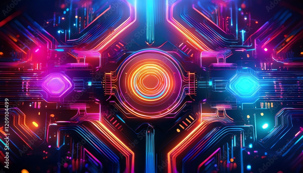 Poster a vibrant, futuristic digital design with glowing circuits and colorful lights, creating a mesmerizi