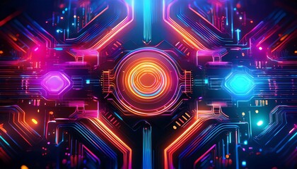 Fototapeta premium A vibrant, futuristic digital design with glowing circuits and colorful lights, creating a mesmerizing tech-inspired visual.