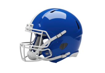 Shiny blue football helmet with white accents and a clear faceguard, isolated on a white background