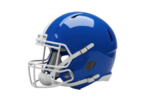 Shiny blue football helmet with white accents and a clear faceguard, isolated on a white background