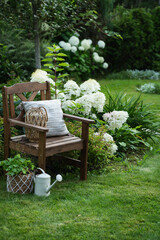 summer ornamental garden view with blooming hydrangea paniculata and wooden chair with cozy pillow and decorations. Resting outdoor.