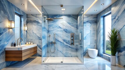 Minimalist interior design of modern walk shower are simplicity with marble blue and white wall